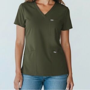 Figs Womens Scrub Top Olive Green Catarina One Pocket Sz XXL Short Sleeve V Neck